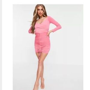 NWT! Flounce London ruched Bardot bodycon mini dress pink 4 party dance holiday